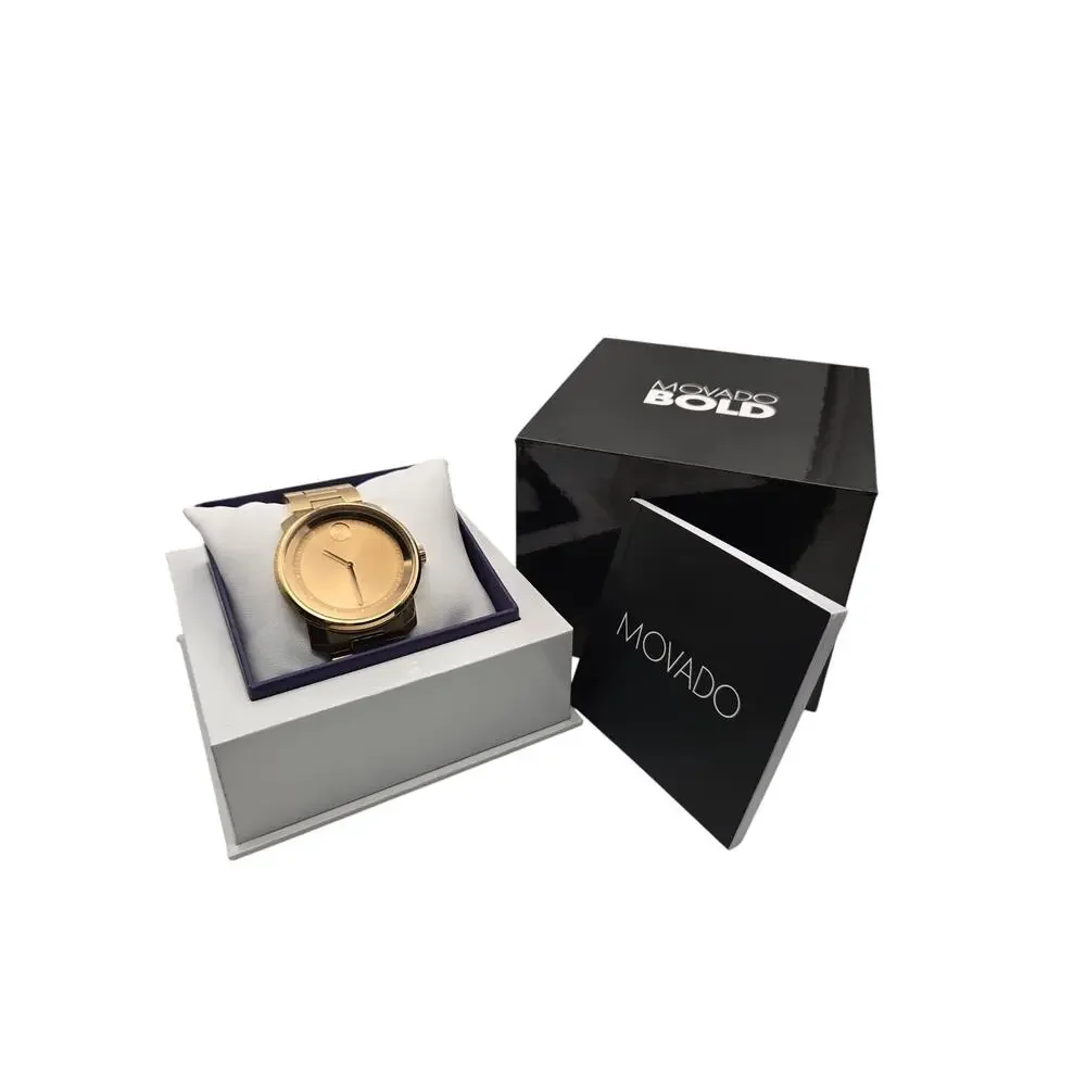 Movado Bold Gold Watch 42.5mm Stainless Steel Link Bracelet Box Papers Classic